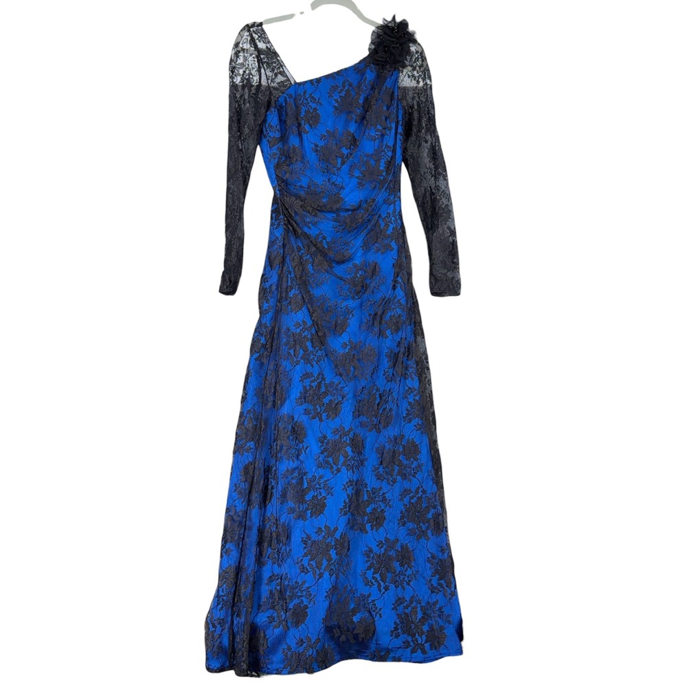 Teri Jon‎ Rickie Freeman Royal Blue Black Lace One Shoulder Gown Size 6